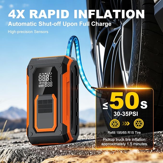 Tire Inflator Portable Cordless Air Compressor Air pump for Car Tires, 4 × Fast Inflation 35L/Min, Digital Dual Display, LED Light,Auto Shutoff for Car, Motorcycle, Bike, Pickup Truck and Ball