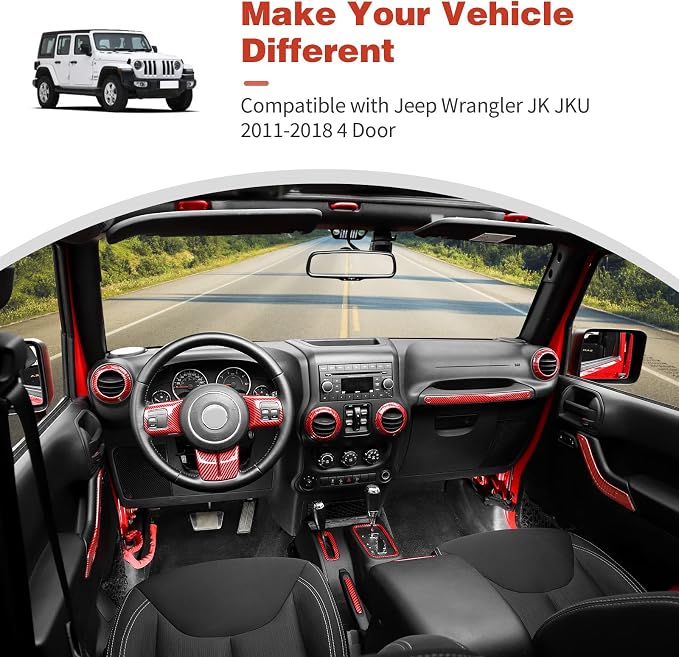 CheroCar 18PCS Interior Trim Kit for Jeep Wrangler JK JKU 2011-2018 4 Door,Steering Button Frame, Air Conditioning Vent Trim Cup Holder Cover,Gear Shift Knobs Frame,Red Carbon Fiber…