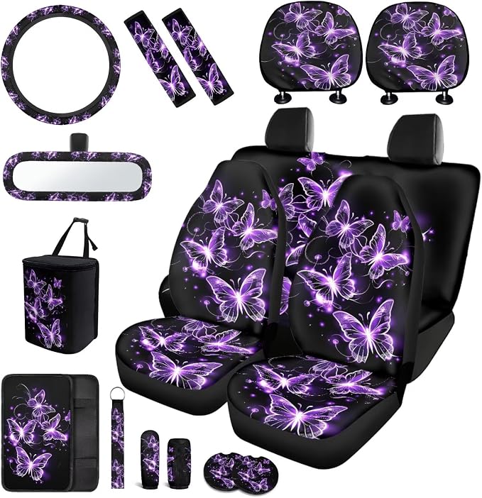Purple Butterfly Car Seat Covers Full Set for Women Butterflies Car Accessories Set 17 Pieces with Purple Auto Head Rest Covers,Car Trash Can with Lid,Seat Belt Cushion,Universal Fit Most Car