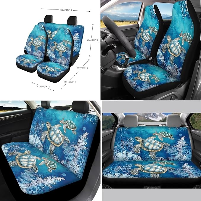 Suobstales Turtle Water Plants Print Car Accessories Car Seat Covers Full Set Interior Cover Seat Protectors with Steering Wheel Cover, Seat Belt Pads, Coaster, Keychains