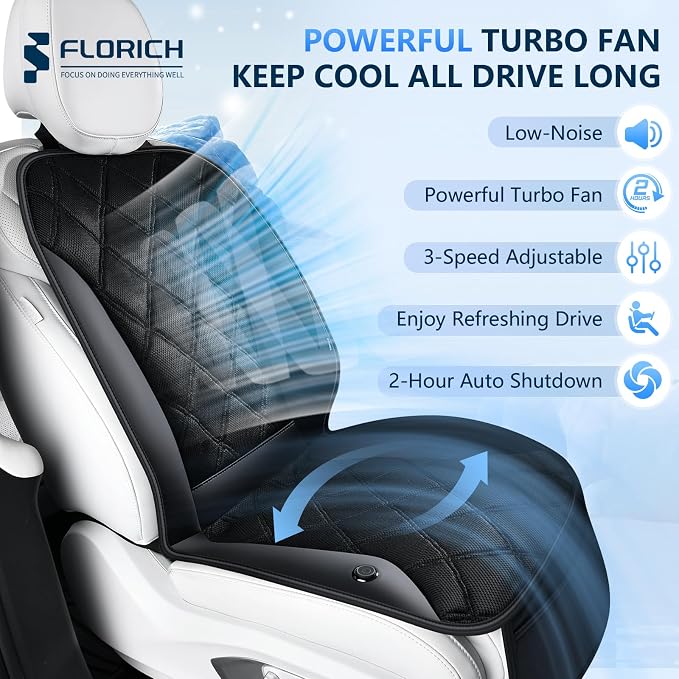 Upgraded Cooling Car Seat Cover, 12V-24V Ventilated Car Seat Cushion, 3-Speed Adjustable Cooling Car Seat Cushion, Breathable Mesh & Leather Cooling Seat Pad Universal Fit Car SUV Truck Van-Black