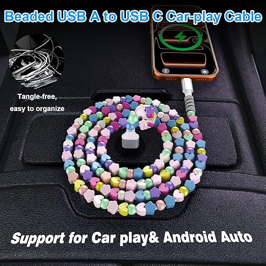 USB A to USB C Cable Beaded Charging Cord 3FT for iPhone 17 16 Pro Max 15 Car Play,Cute Type C Fast Car Charger Cable for iPhone 17e 16e 15/iPad Pro 10 11th/Samsung S26 S25 Ultra S24 Phone Girls Women