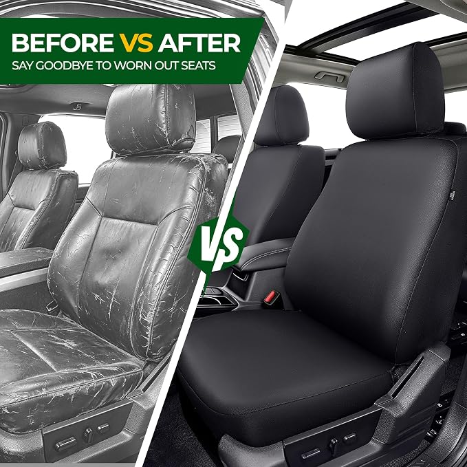 2 Front Waterproof Faux Leather Seat Covers for Ford Explorer Escape Edge Bronco Sport Ranger Mustang with Seat Belt Shoulder Pads and Steering Wheel Cover,Black