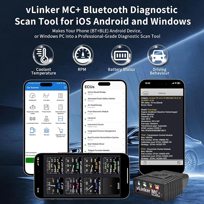 VGATE vLinker MC+ OBDII Bluetooth Adapter Car Wireless OBD2 Scanner All Systems Diagnostic Scan Tool and Code Reader Clear Faults Hacker-Proof for iOS, Android &Windowns
