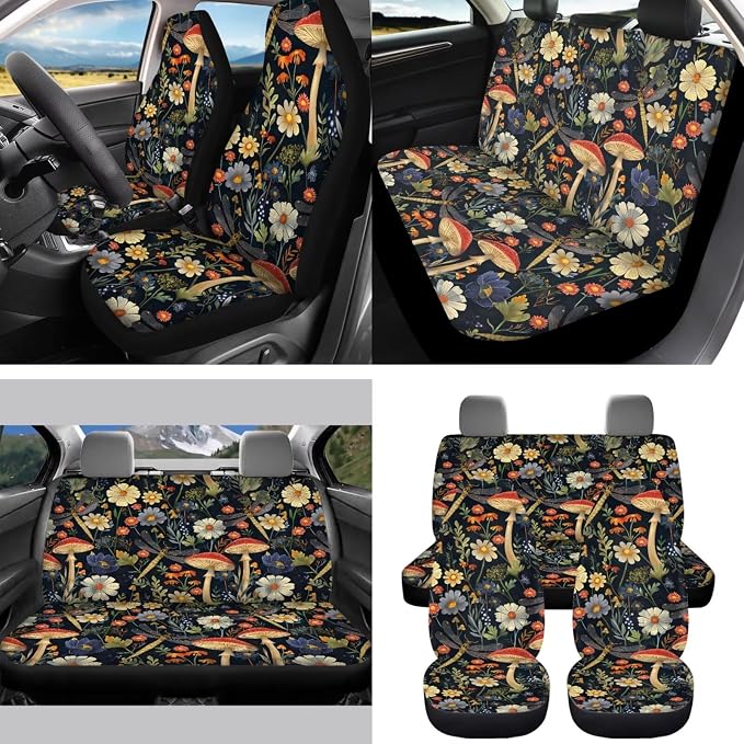 Dasiy Mushroom Car Seat Covers Full Set 15 Auto Steering Wheel Cover Seatbelt Shoulder Pad Coasters Garbage Bin Rear View Mirror Cover Keychain for SUV Van Truck