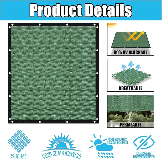 Amagenix 90% Pergola Shade Cover 8' X 14' Sun Shade Cloth with Grommets for Outdoor Garden Patio Porch, Commercial Grade 200 GSM - Cable Zip Ties Included (We Customized) GN108, Green