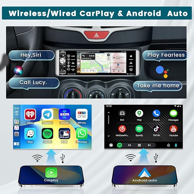 5.1 Inch Single Din Car Stereo Wireless Carplay Android Auto, Touch Screen Car Radio with Bluetooth AM FM RDS Radio Receiver Rear View Camera EQ Mirror Link