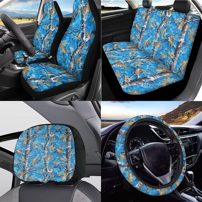 KEIAHUAN Blue Camo Hunting Car Seat Cover Full Set 11 Piece with Steering Wheel Cover/Headrest Cover/Gear Shift Cover/Handbrake Cover/Cup Coasters Universal Fit for Minivan,SUV,Sedan,Truck