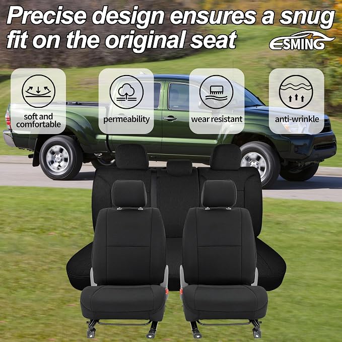 ESMING Custom Fit Seat Covers Compatible with Toyota Tacoma Crew Cab 2005 2006 2007 2008 2009 2010 2011 2012 2013 2014 2015 - Front & Rear Full Set for Non-Folding Passenger Seat - Black