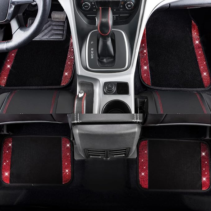 CAR PASS Diamond Bling Leather Seat Covers Set Car Floor Mats Glitter Rhinestone Steering Wheel and Car Interior Accessory Set for Women Red