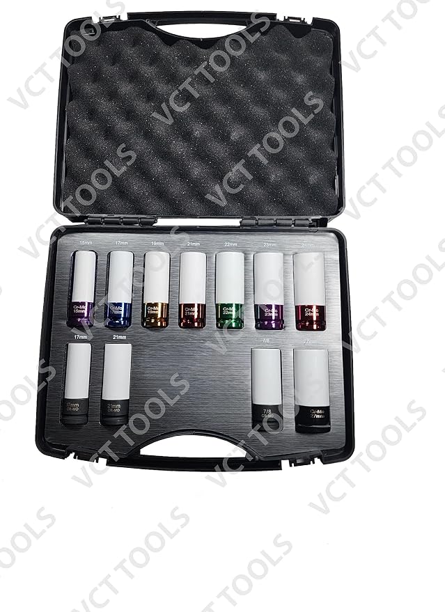 VCT 11pc Metric and SAE Wheel Nut Protector Impact Socket Set, 1/2" Drive, Includes specialty sockets compatible with Telsa, Hyundai, Mercedes-Benze