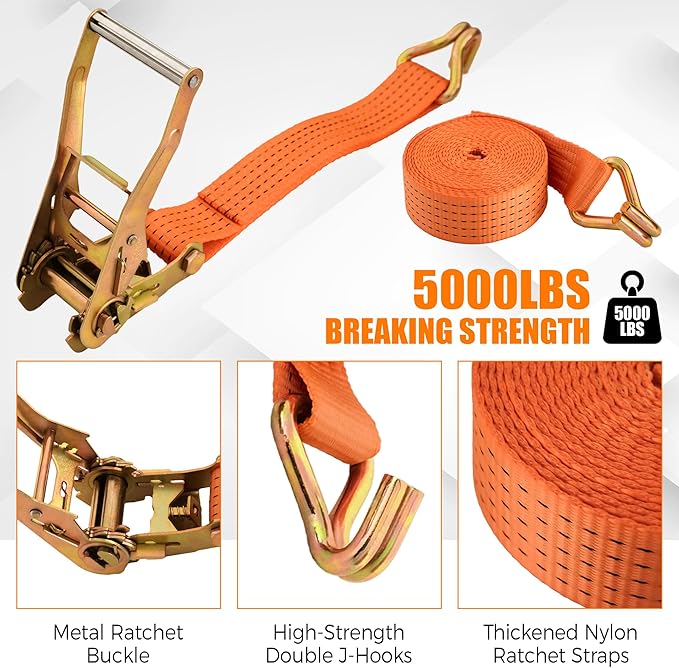4 Pack-2" x20' Ratchet Straps, Double J Hook Heavy Duty Cargo Strap, 11000LBS Breaking Strength, Standard Tie Downs Ratcheting Strap for Cargo Vans, Trucks, Trailers - Orange