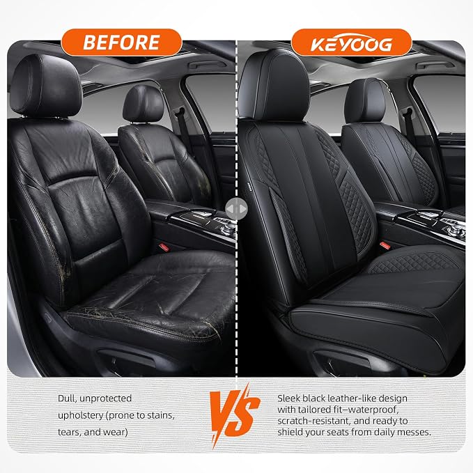 2-Seater Car Seat Covers Full Set Waterproof and Breathable Nappa Leather, Fit for Front Seats of Cars, Compatible with Airbags, Car Seat Protector Covers for Most Cars - Pure Black