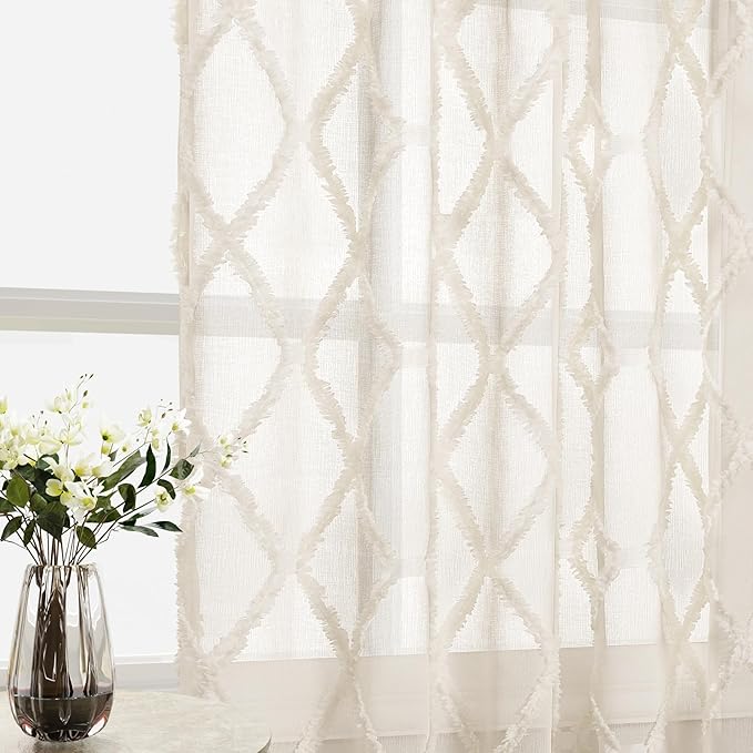 Beige Farmhouse Curtains 90 Inches Long Rod Pocket Tan Sheer Privacy Curtains for Living Room Geometric Embroidered Textured Curtain Drapes Neutral Earth Tone Taupe Cozy Window Curtain 90 inch Length
