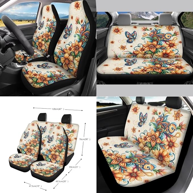 Butterfly Boho Floral Print Car Seat Covers 15Pcs Full Set Car Steering Wheel Cover Seat Belt Cover Trash Bin Air Vent Storage Box Rear View Mirror Car Cup Holder Keychain