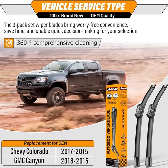 OEM Quality Windshield Wiper Blade Replacement for Chevy Colorado GMC Canyon 2015 2016 2017 2018 -High Performance Original Equipment Front Wipers -Factory OE Style 22"+18"