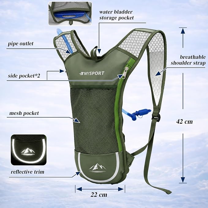 2 Pack Hydration Backpack Pack with 2L Hydration Bladder, TNYSPORT Lightweight Breathable Water Backpack with 3 Layer Pockets, Reinforced Shoulder Straps for Hiking Running Cycling