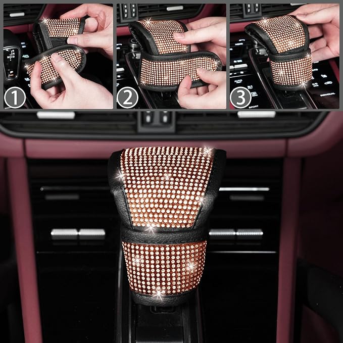 NBTEPEM 8 pcs Bling Car Accessories Set for Women, Steering Wheel Cover, Sparkly Seat Belt Covers, Bling Gear Shift Cover, Universal Fit Most Cars (Champagne Diamond)