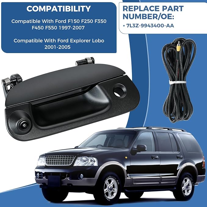 Tailgate Handle Backup Camera Fit for Ford F150 F250 F350 F450 F550 Super Duty 1997-2007, Fit for Explorer Lobo 2001-2005 Tailgate Reversing Rear View Park Assist Camera RCA Plug 7L3Z-9943400AA