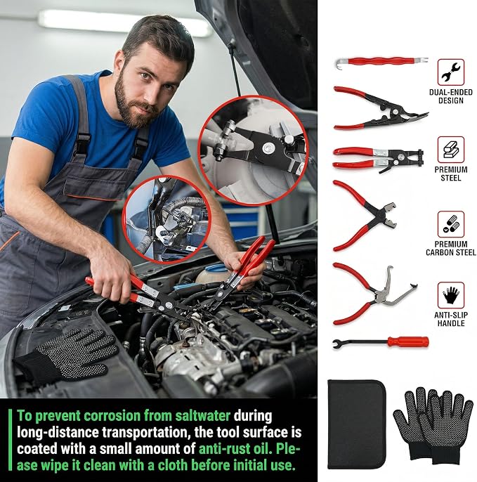 8 Pcs Automotive Electrical Disconnect Pliers Kit w/Gloves - High-Carbon Steel Connector Separator, Hose Clamp & Trim Clip Removal Tools for Auto Repair,Automotive Repair Tool Kit