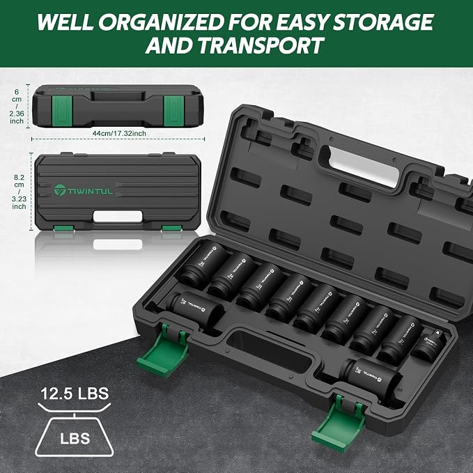 11-Piece Axle Nut Socket Set, Metric 1/2 Impact Socket 27mm-38mm, CR-MO 3/4"-1/2" Adapter, 6-Point Deep Socket Set for Installing and Removing Axle Nuts, with Portable Storage Case