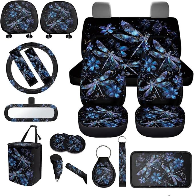 Dragonfly Car Seat Covers Full Set of 18 Pcs Blue Dragonfly Car Accessories Full Set with Steering Wheel Car Covers Cars Headrest Covers Auto Trash Bag Armrest Box Pad,Easy to Install