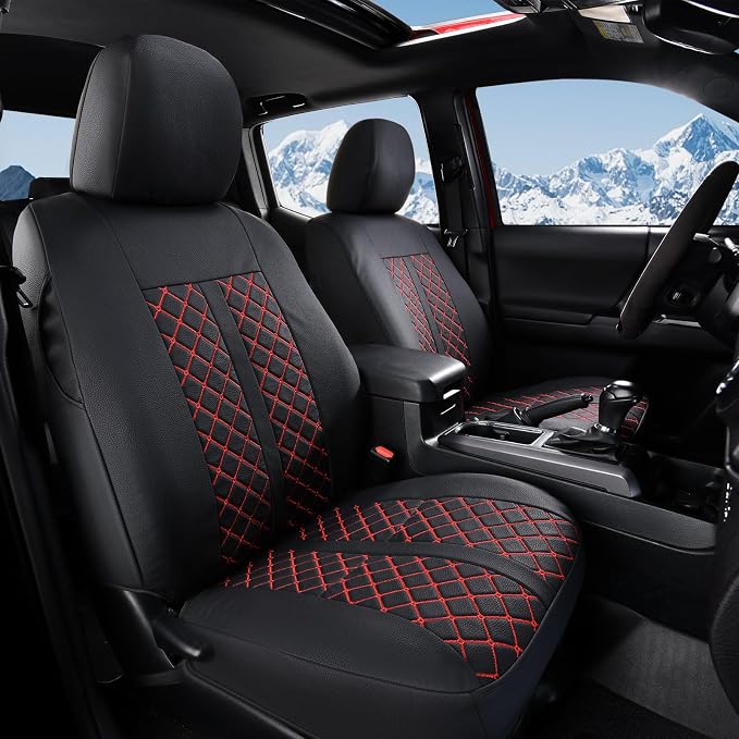 Truckiipa Tacoma Leather Car Seat Covers Full Set Truck Seat Covers Cushion Fit for 2016-2023 Toyota Tacoma Double Crew Cab, Full Set, Black&Red