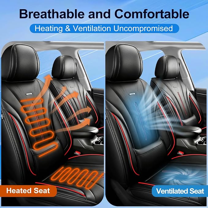 Fit XTS Car Seat Covers (Front Pair) for Cadillac XTS 2013-2019 - Premium Full Coverage Leather, Airbag Compatible & Scratch-Resistant, Waterproof, All Weather Seat Protector, Black+Redline