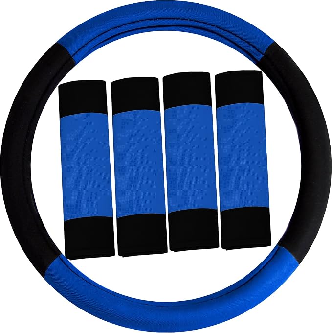 FH Group Automotive Seat Covers Unique Flat Cloth Blue Full Set, Combo Steering Wheel Cover and Seat Belt Pads Rear Solid Bench Universal Fit for Vans Cars Trucks and SUV Interior Accessories