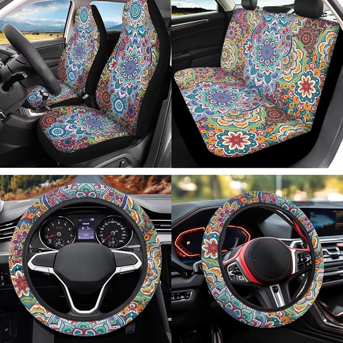 Art Mandala Car Seat Covers Set 12 Pack with Steering Wheel Cover Auto Seat Belt Cover Cup Coasters Center Console Cover Car Accessories Universal Fit for Most Cars,SUVs