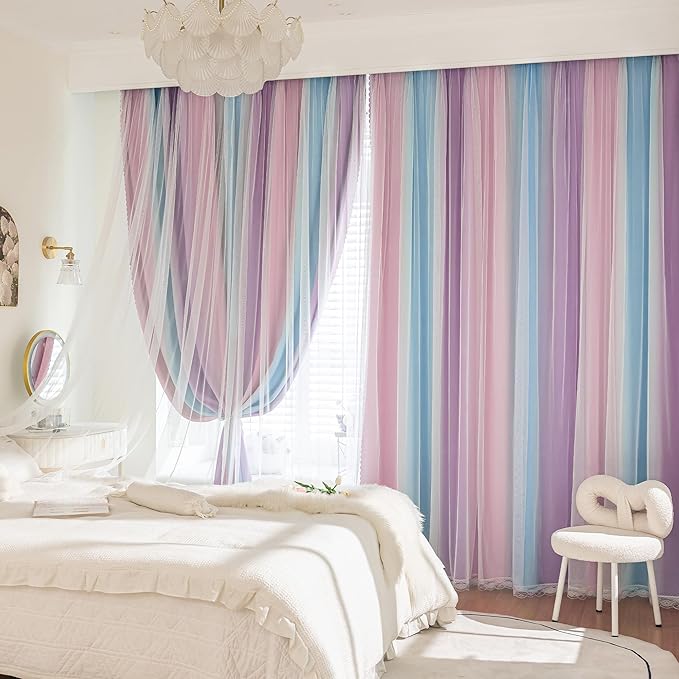XiDi Double Layer Curtains with Sheer Overlay for Girls Bedroom Living Room 2 Panels 96 Inches Long Colorful Rainbow Blackout Curtains for Kids Unicorn Princess Grommet Drapes Pink Purple W34 x L96