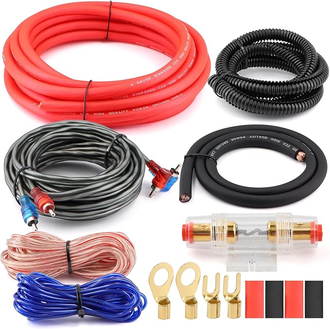 4 Gauge 1000W CCA Complete Amplifier Wiring Kit - with Power/Ground Wire, RCA Cables, Speaker Wire, Capacitor & Distro Block | for High-Power Subwoofer and Multi-Channel Stereo System Install