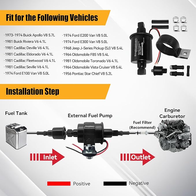 Universal Electric Fuel Pump 12V 5-9 PSI Inline External 5/16 Inch Compatiable with Gas Diesel Marine Carburetor Marine E8012S