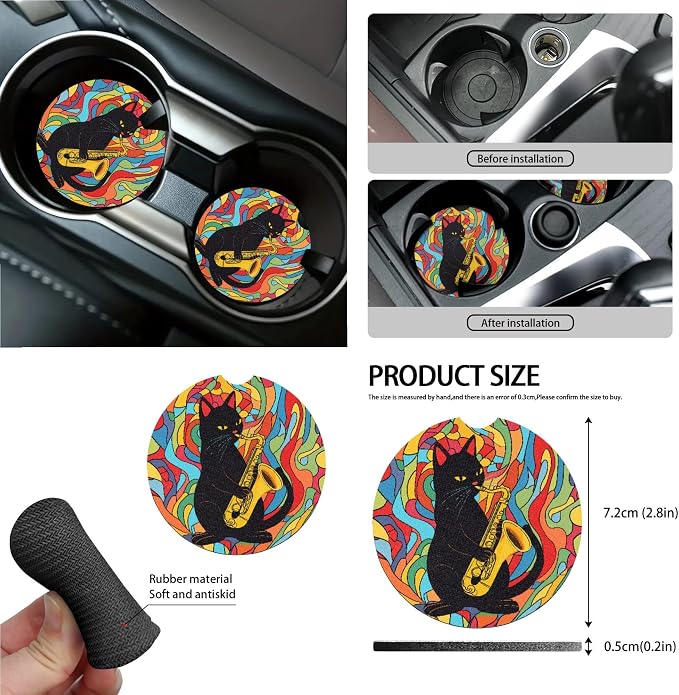 Rainbow Cat Jazz Print 15 Pack Car Seat Cover Set with Steering Wheel Covers Seatbelt Strap Pad Garbage Cans Rear View Mirror Cover Coasters Key Chain Universal Fit
