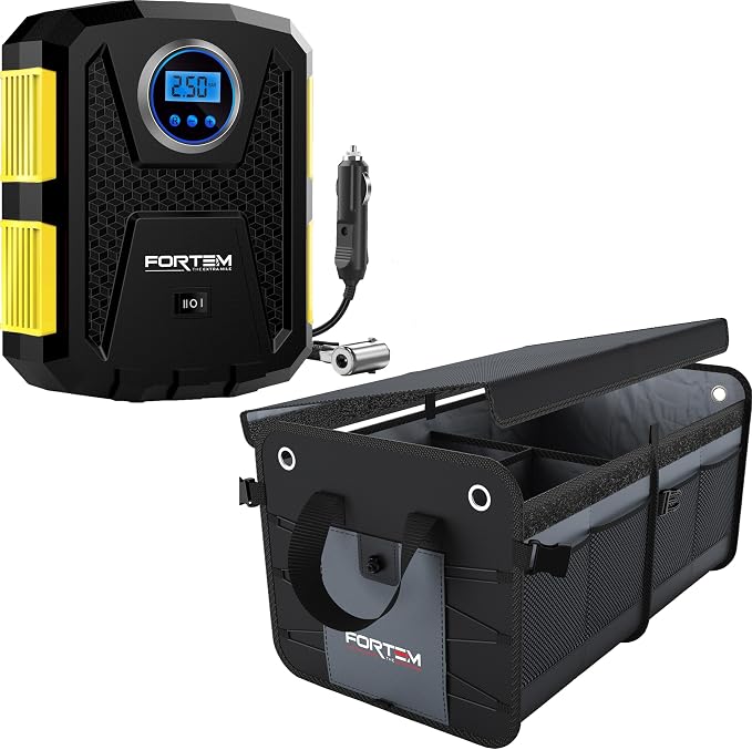 FORTEM Tire Inflator Portable Air Compressor (Yellow) + Trunk Organizer