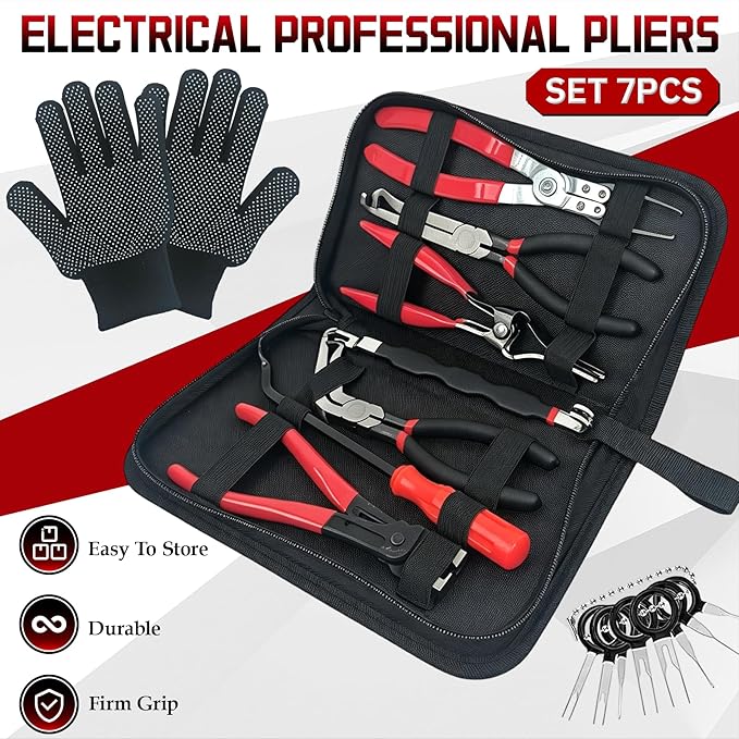 10 PCS Electrical Disconnect Pliers, Electrical Connector Removal Tool for Cars, Trucks & SUVs with Storage Box & Gloves