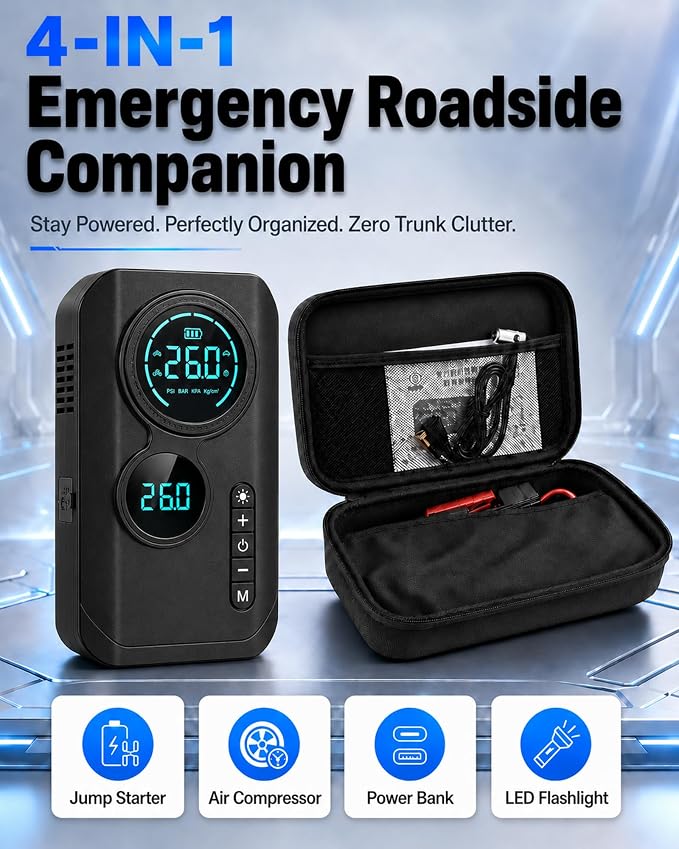 9000A Jump Starter with Air Compressor, 12V Car Battery Jumper Starter with 150PSI Tire Inflator Air Pump Portable (All Gas/10L Diesel), All-in-One Jump Box with LED Light, Power Bank, Large Display