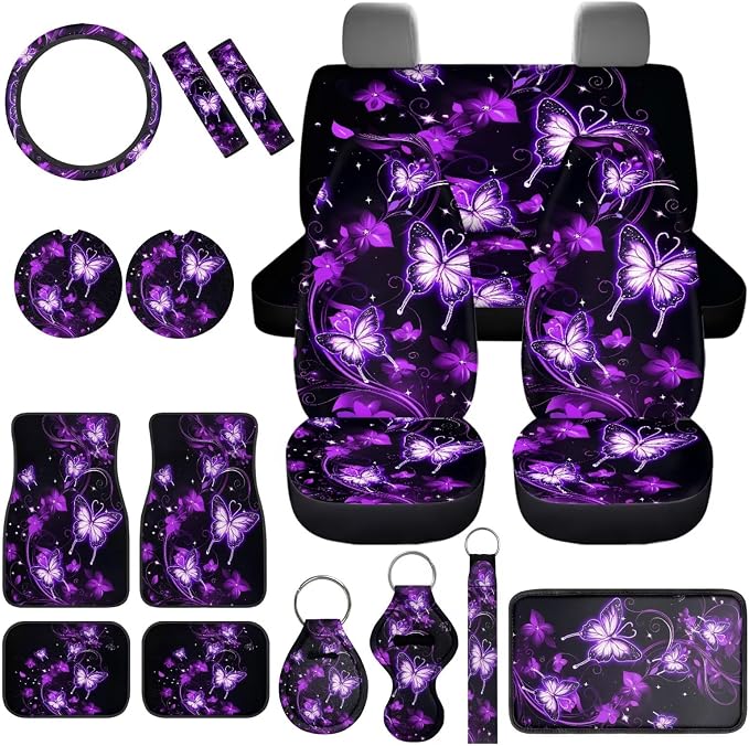 Neon Butterfly Car Accessories Set Full Sets 17 Pack Purple Butterfly Car Seat Covers with Front and Split Rear Bench,Seat Belt Cover Pad,Auto Front Rear Foot Carpet All Weather,Universal Fit