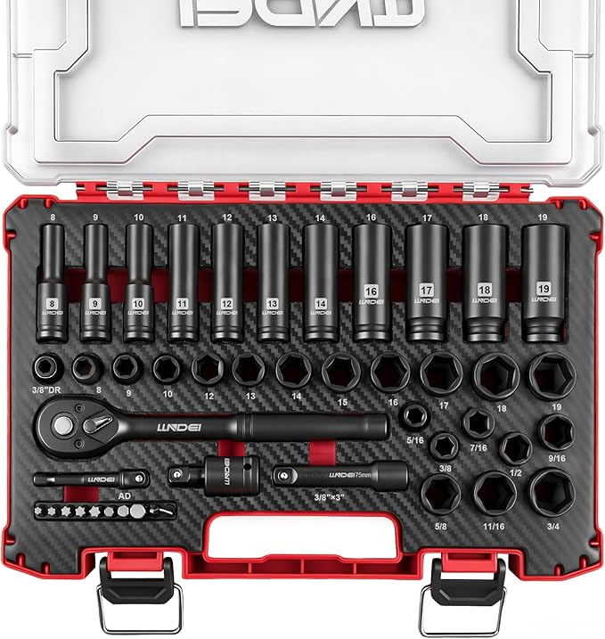 LLNDEI 45PCS 3/8 Inch Drive Impact Socket Set (Metric&Sae) with Transparent Case and EVA Foam Insert, Cr-V Material, for Automotive Engine and Daily Home Repair