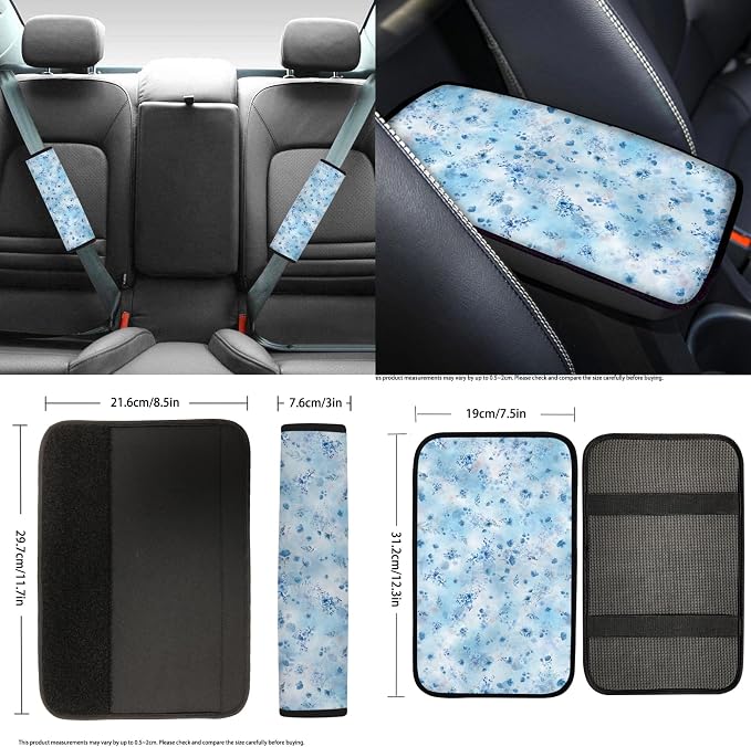 14 Pcs Floral Car Seat Covers Full Set Car Trash Can Coaster Seat Center Console Keychain Gear Lever and Handbrake Steering Wheel Seat Belt Covers/Ocean Mist