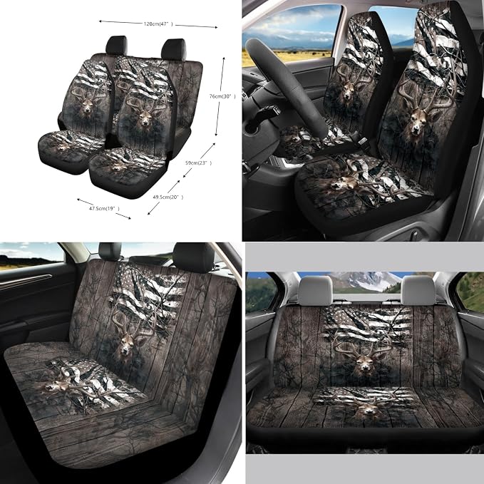 Xoenoiee Deer Flag Tree Camo Print 11 Pcs Car Accessories Full Set, Steering Wheel Cover, Front & Rear Seat Cover, Seat Belt Pads, Cup Coaster, Key Chains Universal Fit