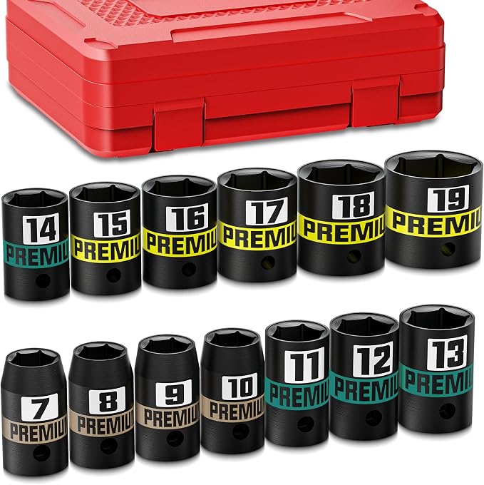 13-Piece 3/8" Drive Shallow Impact Socket Set, 7-19mm, Semi-Deep Sockets, CR-V, Socket Set for Automotive and Home, Metric, 6 Point Socket Set for Automotive and Home