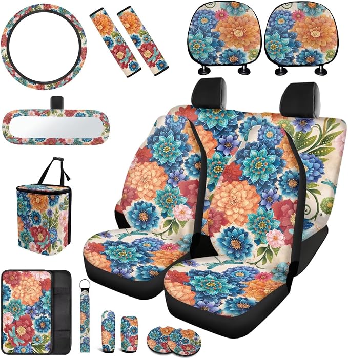 17 Pieces Hippie Lotus Car Seat Covers Full Set for Women with Auto Interior Set Decor,Madala Car Accessories with Steering Wheel Cover,Car Headrest Cover,Car Trash Can with Lid,Universal Fit