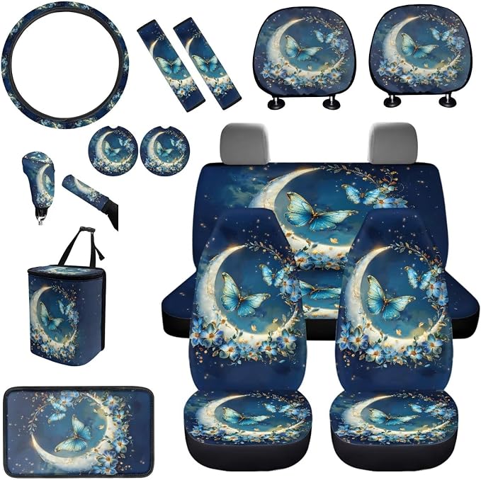 BIGCARJOB Moon Butterfly Car Seat Cover Full Set 15 Pieces Butterfly Print Car Interior Accessories Set with Steering Wheel Cover Car Trash Can Hanging Seat Headrest Covers for Womens