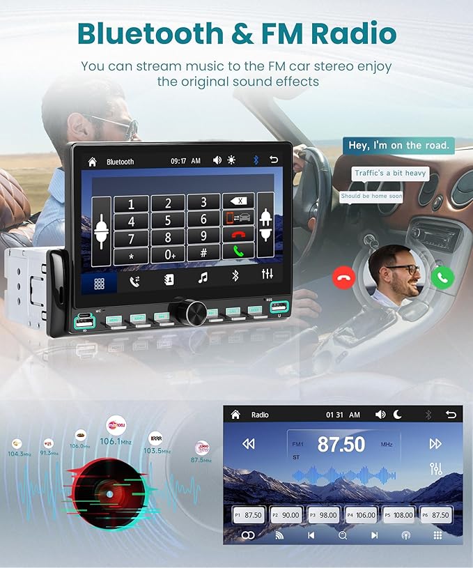 7’’ Single Din Radio Stereo with Wireless or Wired CarPlay Android Auto You-Tube, 1 Din Touchscreen Radio with Piano Keys,Car Stereo Support Mirror Link, Rear View Camera USB&Type-C FM SWC BT EQ MIC