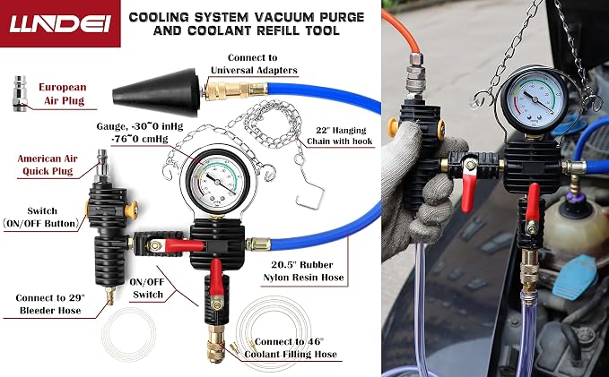 LLNDEI Coolant Radiator Pressure Tester Kit 28PCS Radiator Pressure Tester Pneumatic Vacuum Cooling System Purge Refill Leak/Refiller Set, Universal Automotive Domestic/Import Vehicles, Motorcycle