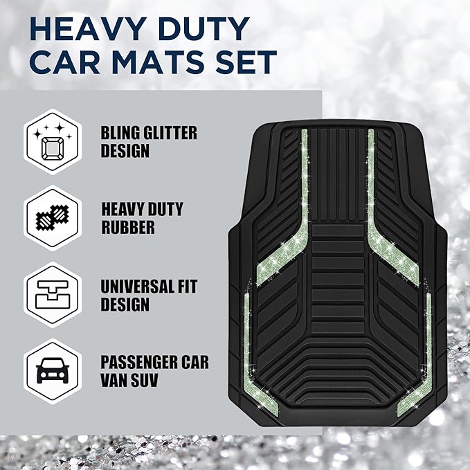 PIC AUTO Car Floor Mats, Green Sparkly Crystal Bling Glitter Car Mats Set, Front and Rear Heavy Duty Rubber Car Mats with Anti-Slip Backing, All Weather, Trim-to-Fit for Automotive SUVs, Sedan, Vans