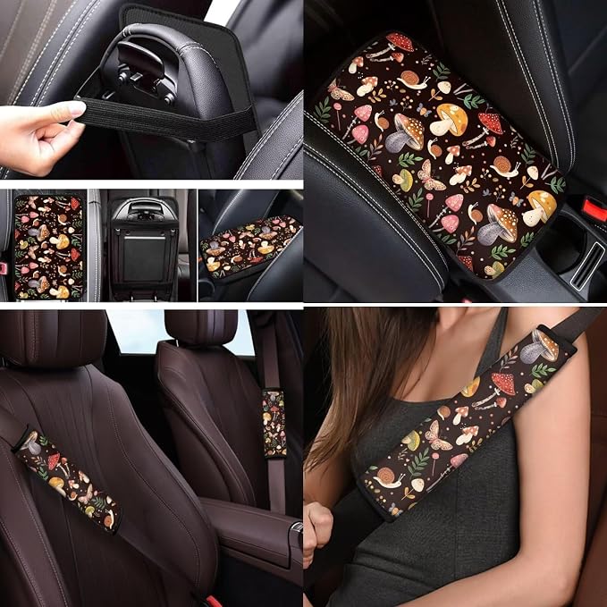 Mumeson Colorful Mushroom Car Accessories Set of 8 Pack Auto Front and Rear Seat Covers with Steering Wheel Cover,Armrest Cushion for Car, Seat Belt Shoulder Pads Set