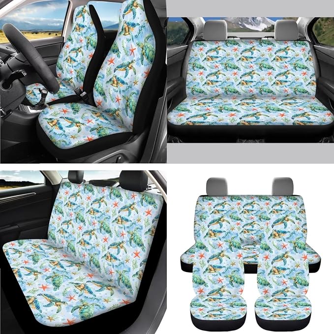 AFPANQZ Cratoon Sea Turtle Auto Interior Accessories Set of 11 Auto Front Seat Covers Steering Wheel Cover Gear Shift Knob Cover, Car Handbrake Sleeve, Seat Belt Shoulder Pads Cup Holder Coaster