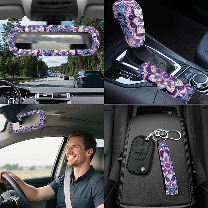 Purple Mandala lotus Car Seat Covers Full Sets 18 Pack Universal Car Interior Accessories Sets Hippie Print Steering Wheel Cover Car Seat Belt Pads Cover Car Headrest Covers Vehicle Trash Bag